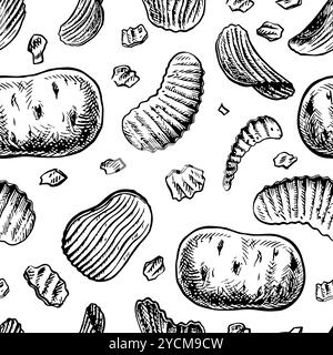 Seamless pattern of potato chips. Vector graphics with images of flat corrugated chips and potato tubers. Hand-drawn black and white illustrations. On Stock Vector