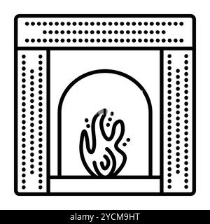 Square fireplace front view, cozy home heating device, single vector black line illustration, outline monochrome sign Stock Vector