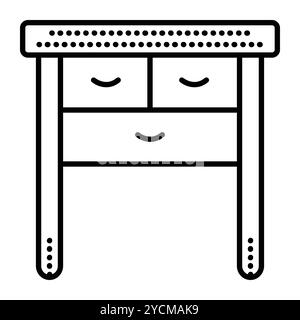 Bedside table, dresser desk with long legs and three drawers, front view, single vector black line illustration, outline monochrome sign Stock Vector