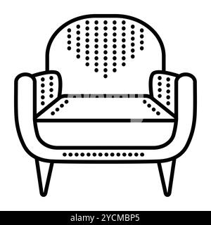 Exquisite armchair front view, fabric soft chair with short legs, single vector black line illustration, outline monochrome sign Stock Vector