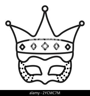 Queen and king masquerade mask with a crown, prince and princess costume part, single vector black line icon Stock Vector