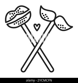 Two masquerade masks with sticks; lips, mustache and heart, vector black line icon Stock Vector