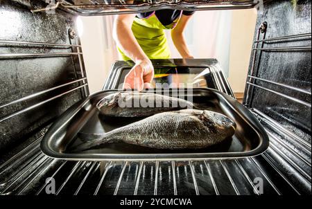 Cooking Dorado fish in the oven. Stock Photo