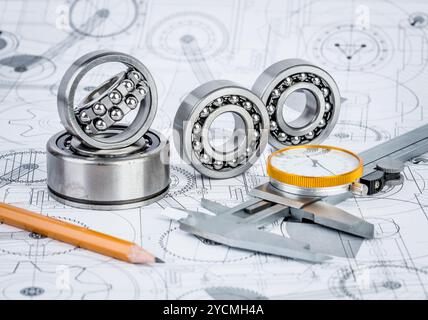 Ball bearings on technical drawing Stock Photo