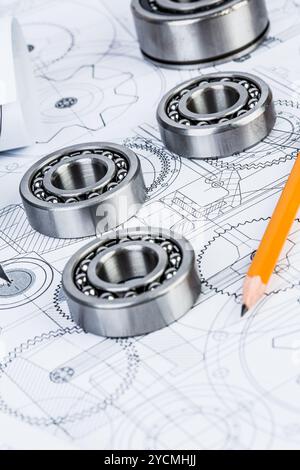 Ball bearings on technical drawing Stock Photo