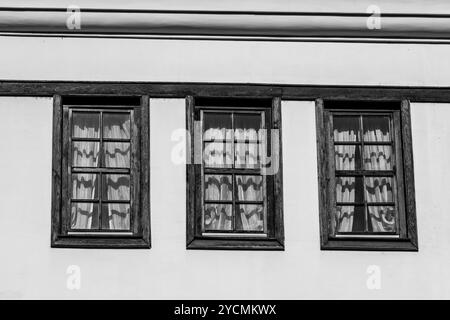 Closed Wooden Window Frames on a Traditional Macedonian House. Ohrid Macedonia 2023 Stock Photo