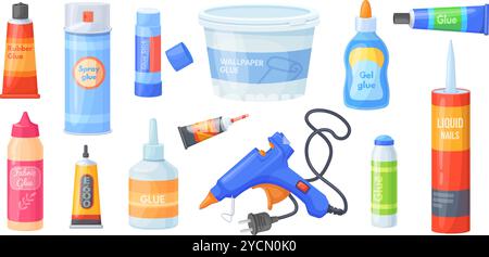 Glue containers. Super glues products in plastic bottle tubes pack, school adhesive stick glueing repair fix tools coller adhesives bottles sealant set, neat vector illustration original artwork Stock Vector