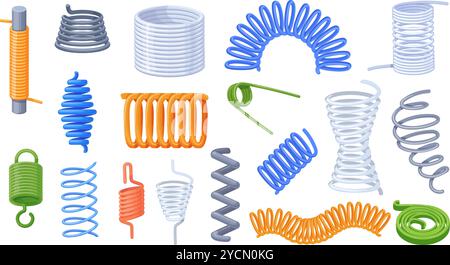 Cartoon metal springs. Slinky coil spiral steel wire or pressure spring for shock jump, curve flexible twist cord automobile suspension springy cable set, neat vector illustration original artwork Stock Vector