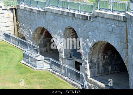 View from interior yard of Fort Knox that abuts the Penobscot River in Prospect, Maine Stock Photo