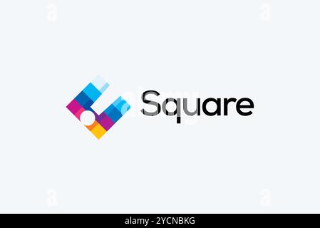 Colorful mosaic square exclamation mark business logo design for technology band and related company, abstract vector editable Stock Vector