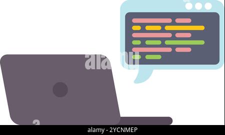 This vector illustration features a laptop showing code in a speech bubble, perfect for topics like programming and web development Stock Vector