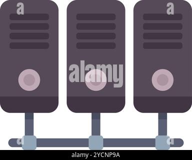 Server rack icon in flat style showing three servers connected to a network, representing data storage and processing Stock Vector