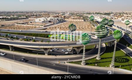 Riyadh City Saudi Arabia , Drone view of busy motorway The Green Field  KSA - Drones Photography Stock Photo