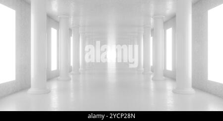 A minimalist corridor featuring white columns and bright, glowing walls. The space is well-lit, creating an ethereal atmosphere with a sense of depth Stock Photo