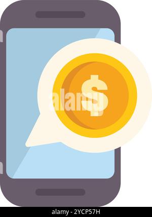 Smartphone is showing a speech bubble containing a gold coin with a dollar sign, representing online payment Stock Vector