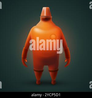 Senior Super Hero Robot Defender of the Universe. Tough Orange Fat Bot Humanoid Mascot Character Illustration on Dark Backdrop Stock Vector