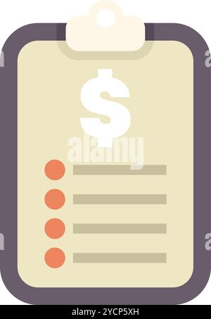 Minimalist vector illustration of a clipboard representing a financial budget, featuring a dollar sign and bullet points for listing expenses Stock Vector