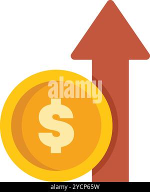 Large gold coin with a red arrow pointing up behind it representing economic growth Stock Vector