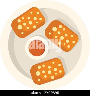Three crispy, fried chicken fingers are arranged on a round plate with a dipping sauce in the center Stock Vector