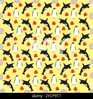 penguin, whale with fruit as a pattern background Stock Vector