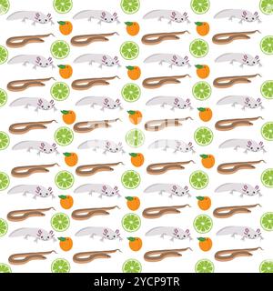 worms, axolotl with fruit as a pattern background Stock Vector