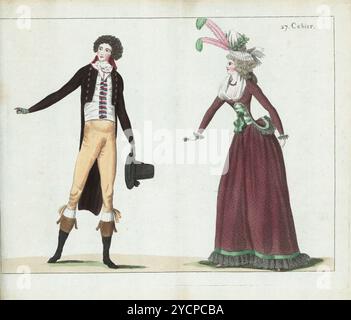 Gentleman in coat with gold buttons and crimson collar, white cashmere gilet, batiste cravatte, culottes a l'Ecuyer, silk hose, boots with large cuff, holding a top hat. Woman in white gauze bonnet decorated with oak leaves and plumes, violet pearl choker, caraco and petticoat in transparent pink taffeta over black gauze, gauze fichu, pink slippers. Handcoloured copperplate engraving from Jean-Antoine le Brun or Lebrun-Tossa’s Journal de la Mode et du Gout, previously Cabinet des Modes, Chez Buisson, Paris, and Joseph le Boffe, London, 1790. Stock Photo