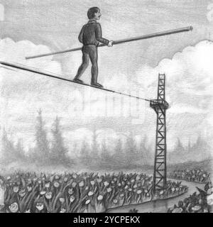 Older male carrying a large balance pole walking away on a high tight rope above flowers black and white drawing. Middle-aged gentleman with balancing Stock Photo