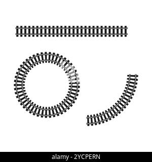 Railroad track vector icon. Circular and straight rail segments. Black railway elements. Train transportation symbol. Stock Vector