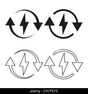Energy exchange icons. Arrows and lightning symbol. Power transfer vector. Circular motion design. Stock Vector
