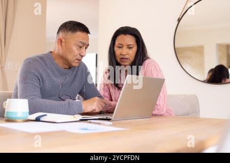 Multiracial senior couple using laptop at home, focusing on online holiday shopping Stock Photo