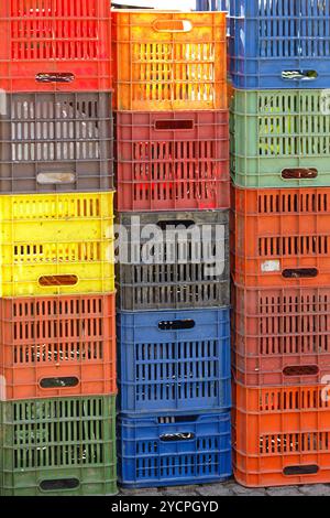 Stackable Plastic Crates for Produce at Farmers Market Stock Photo