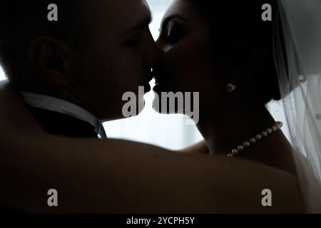 Beautiful European bridal couple in the hotel room Stock Photo