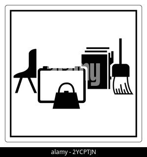 A minimalist icon set featuring essential office items like a chair, briefcase, books, and broom. Ideal for workspace design and organization themes. Stock Vector