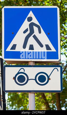 Traffic sign pedestrian crossing for the visually impaired pedestrians Stock Photo