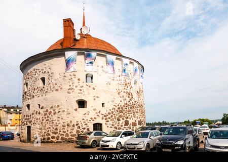 Round tower on the market square of the old town Vyborg, Russia Stock Photo