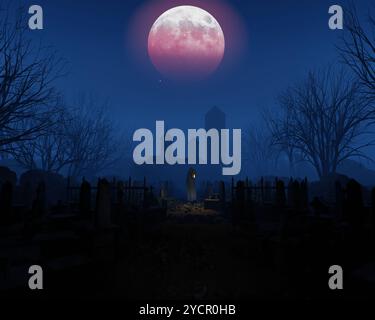 Grave On The Night Of Horror, 3D illustration Background for advertising and wallpaper in festival and religion scene. 3D rendering in decorative conc Stock Photo