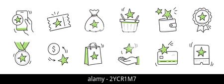 Reward bonus gift icon set. Benefit reward bonus loyalty prize hand drawn sketch line pen stroke style icon. Benefit gift coupon, loyalty card sketch doodle drawn collection. Vector illustration Stock Vector