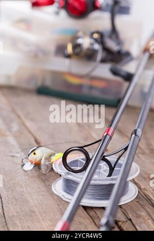 Guide rings on graphite rods and watted cord Stock Photo