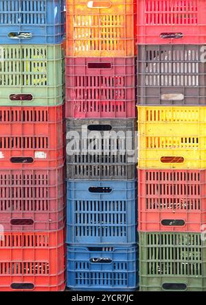 Stackable Plastic Crates for Produce at Farmers Market Stock Photo