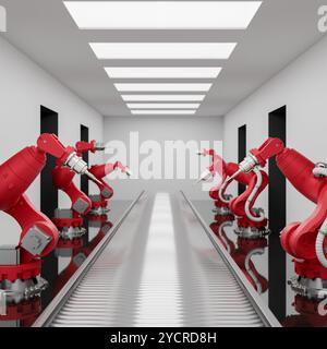 Red robotic assembly arms in a production line over a conveyor belts in a modern factory. Automated manufacturing. 3d render, 3d illustration Stock Photo