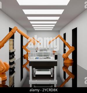Robotic arms are assembling high-end technology circuit boards in a modern factory. Automated manufacturing. machine learning. 3d render, 3d illustrat Stock Photo