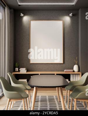 An empty picture frame for an exhibit is mounted on a grey wall in a contemporary luxurious dining room or meeting room. 3d render, 3d illustration Stock Photo