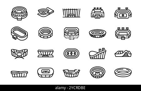 Stadium icons. Set of 20 modern minimal stadium icons. Football stadium, modern arena, concert venue icon. Design symbols for sports events, public sp Stock Vector