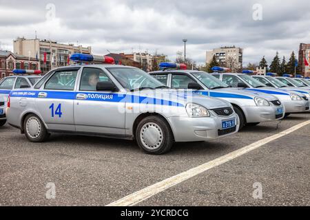 Russian patrol cars of the State Automobile Inspectorate on the Kuibyshev square in spring day Stock Photo