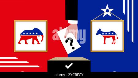 A Democratic donkey and a Republican elephant in front of a voter's hand and a ballot box. Presidential election Stock Vector