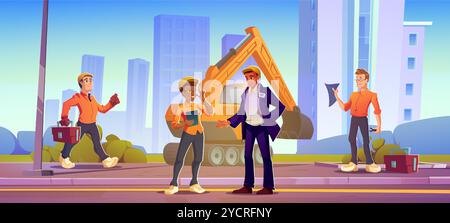 Construction workers in safety gear and architect discuss project in front of large excavator in modern city. Cartoon vector diverse employees hold clipboard and blueprints, carry tools ready for work Stock Vector