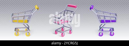 Supermarket carts set isolated on transparent background. Vector realistic illustration of metal shop trolleys with color wheels, shopping baskets for carrying purchased goods, e-commerce app icon Stock Vector