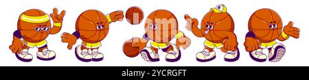 Retro cartoon basketball mascots in dynamic poses. Playful character wearing sneakers, yellow headband and uniform elements. Animated figure in different movements and expressions while handling ball. Stock Vector