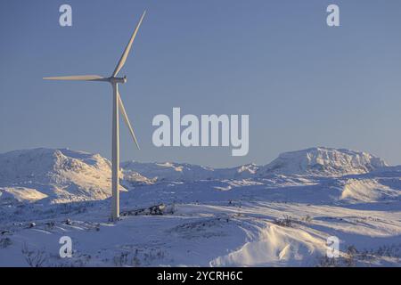 Wind turbine turning in the wind, winter, snow, sunny, Fjell, Bjoernfjell, Norway, Europe Stock Photo