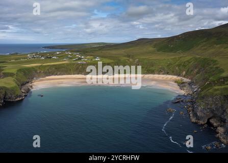 A drone aerial view of the beautiful Silver Strand and horseshoe bay at Malin Beg on the Wild Atlantic Way of Ireland Stock Photo